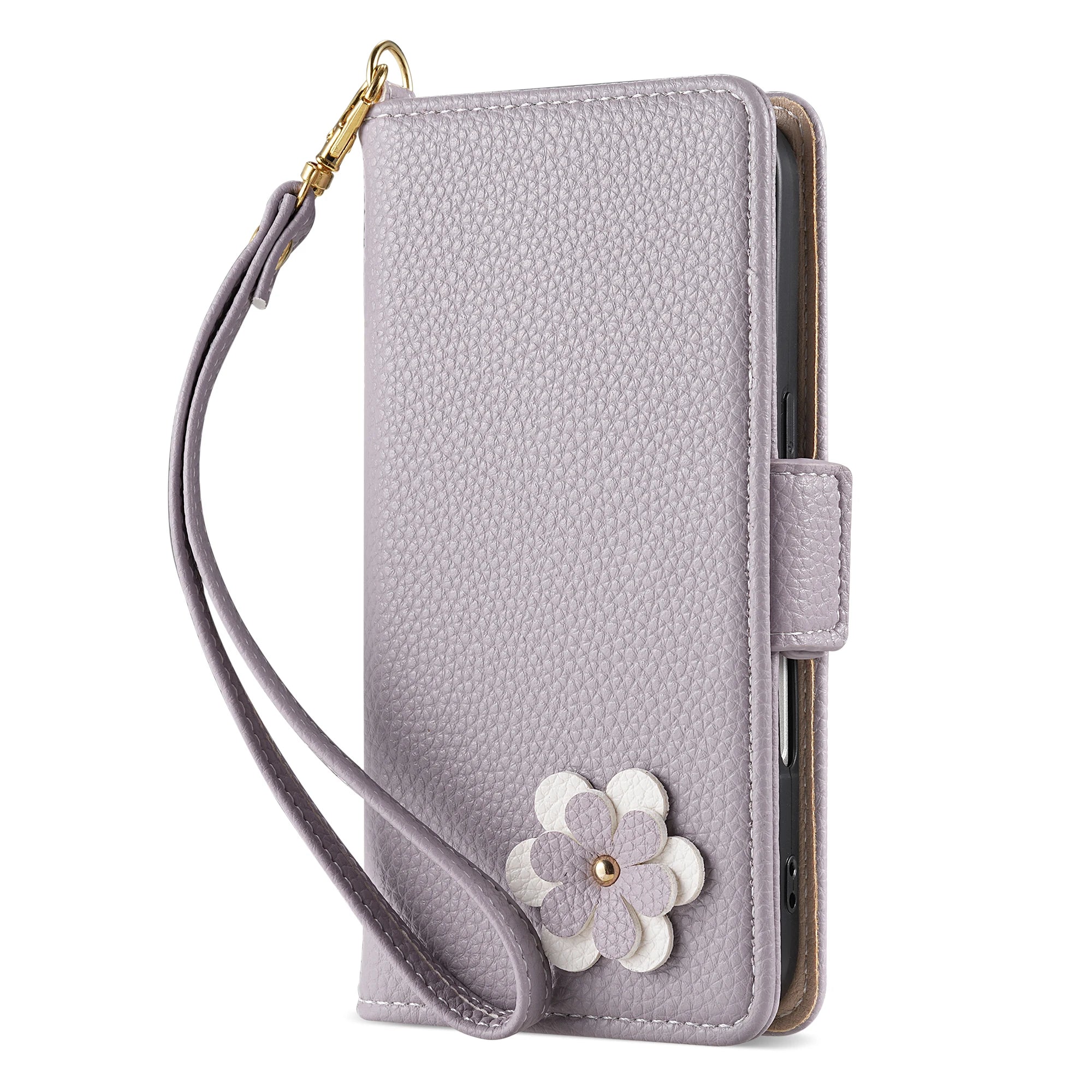Flower Leather Wallet Case with Card Holder & Strap for iPhone 16 Series