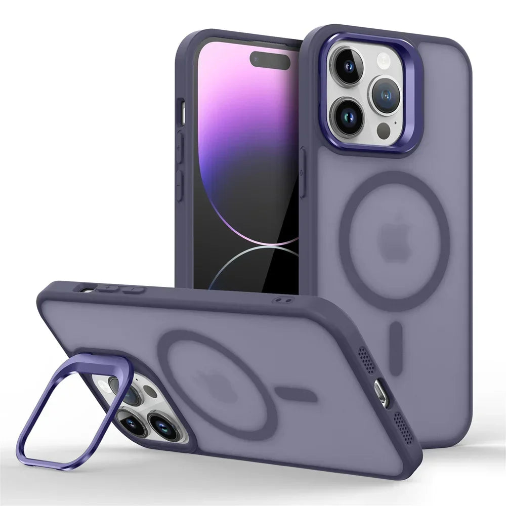 Shockproof Matte MagSafe Case with Metal Lens Stand for iPhone 16 Series