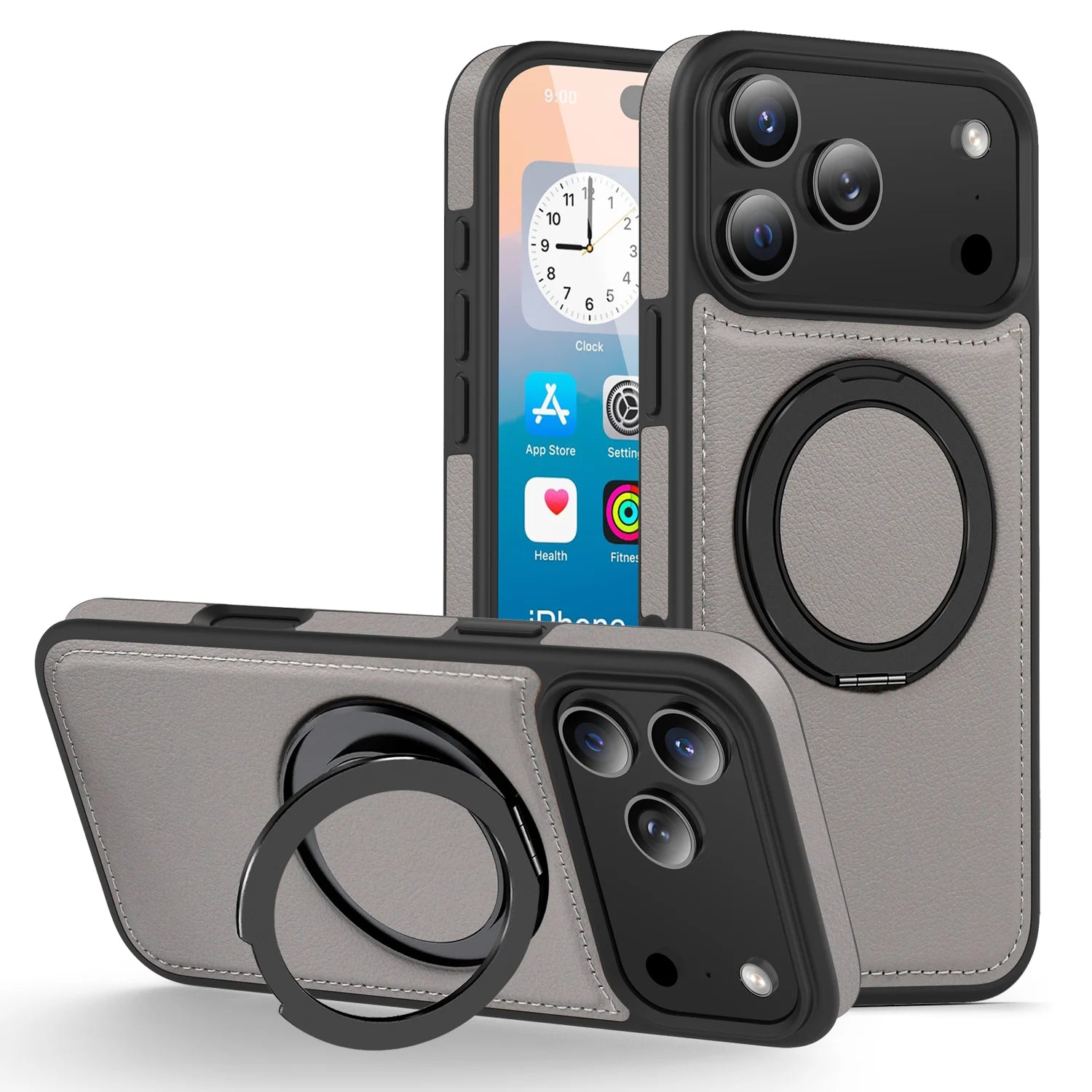 Premium Leather MagSafe Case for iPhone 17 Series with 360° Rotating Ring Stand