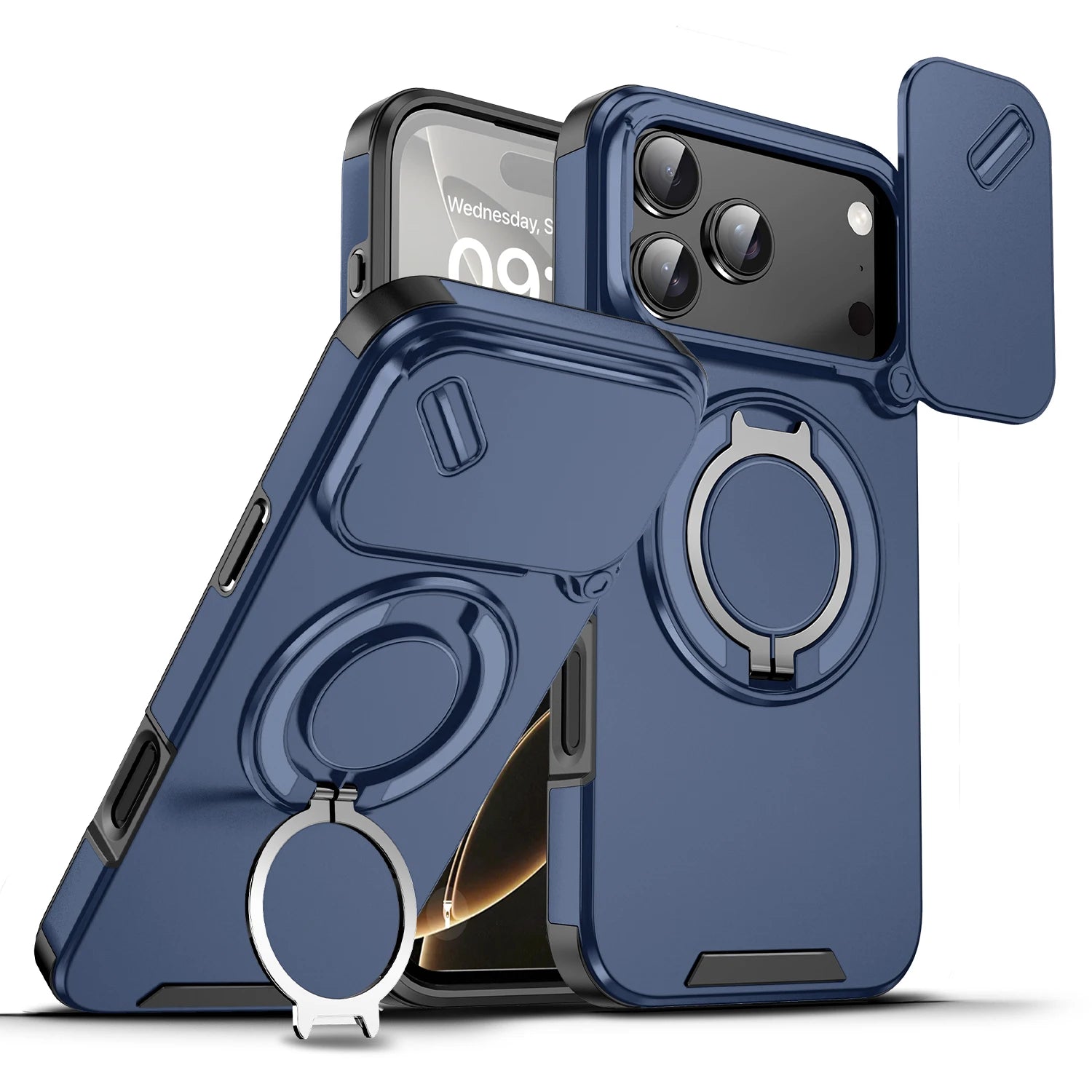 Durable Heavy Duty Case with Camera Slide Cover & Magnetic Ring Kickstand for iPhone 17 Series
