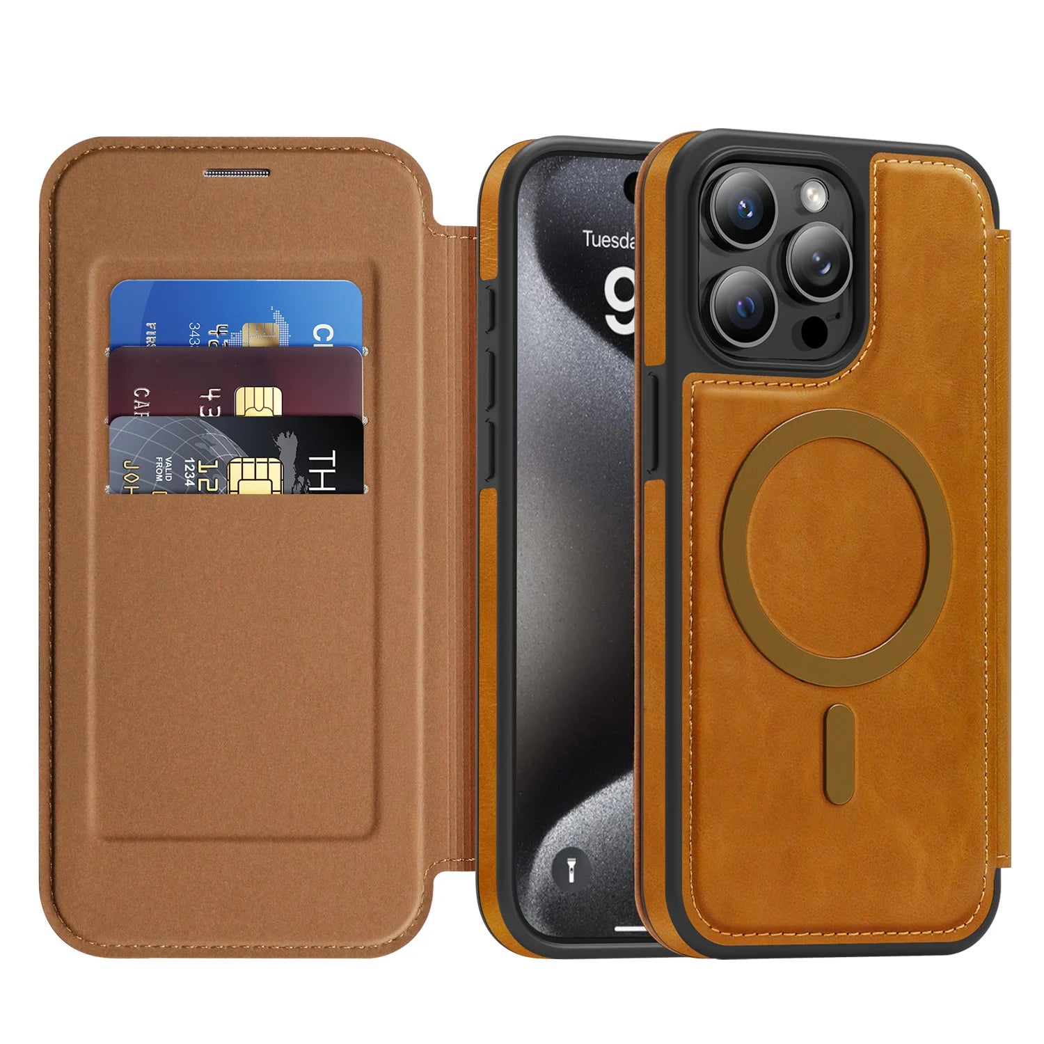 Premium Leather Flip Wallet MagSafe Case for iPhone 15 Series