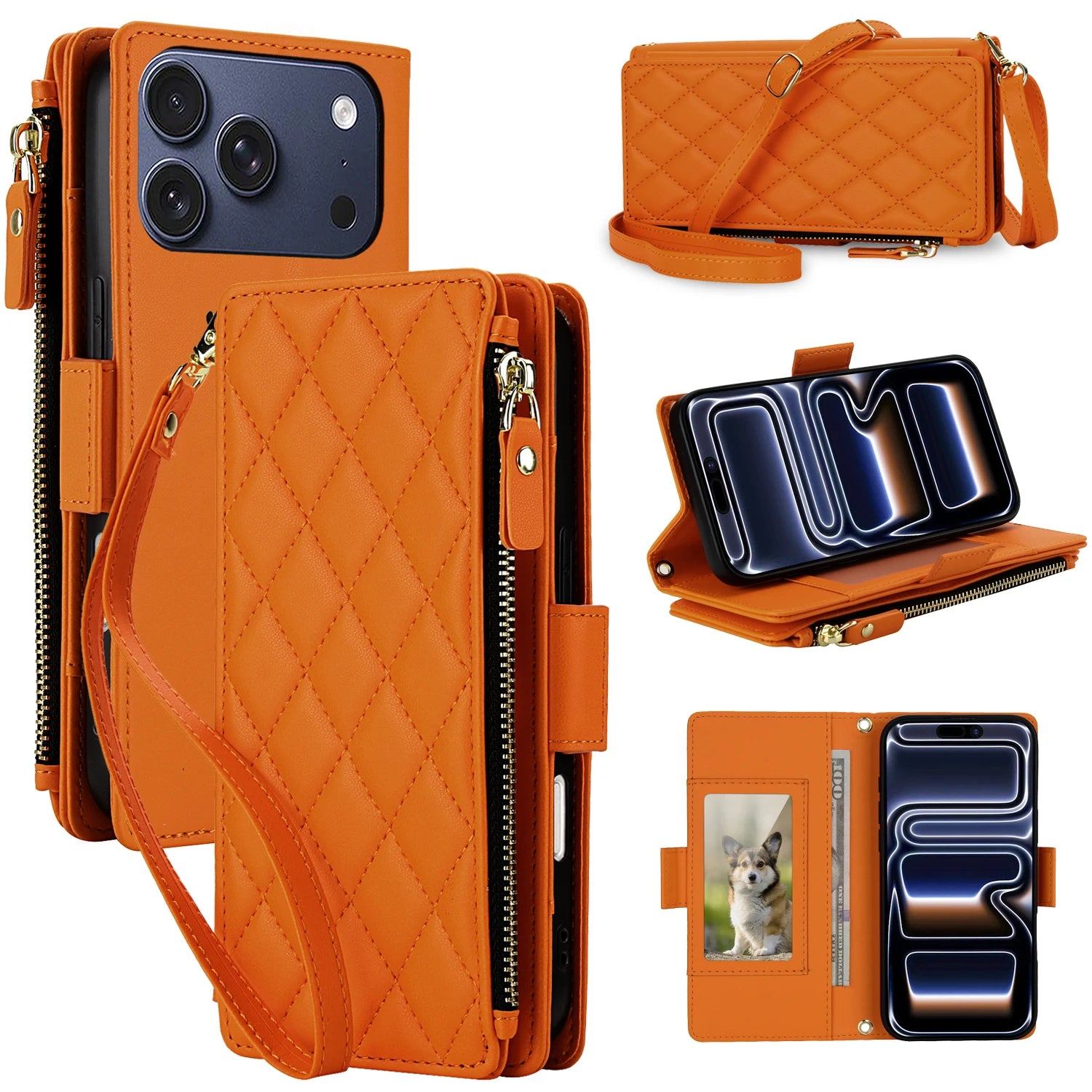 Crossbody Leather Wallet Case with Zipper and Card Slots for iPhone 17 Series