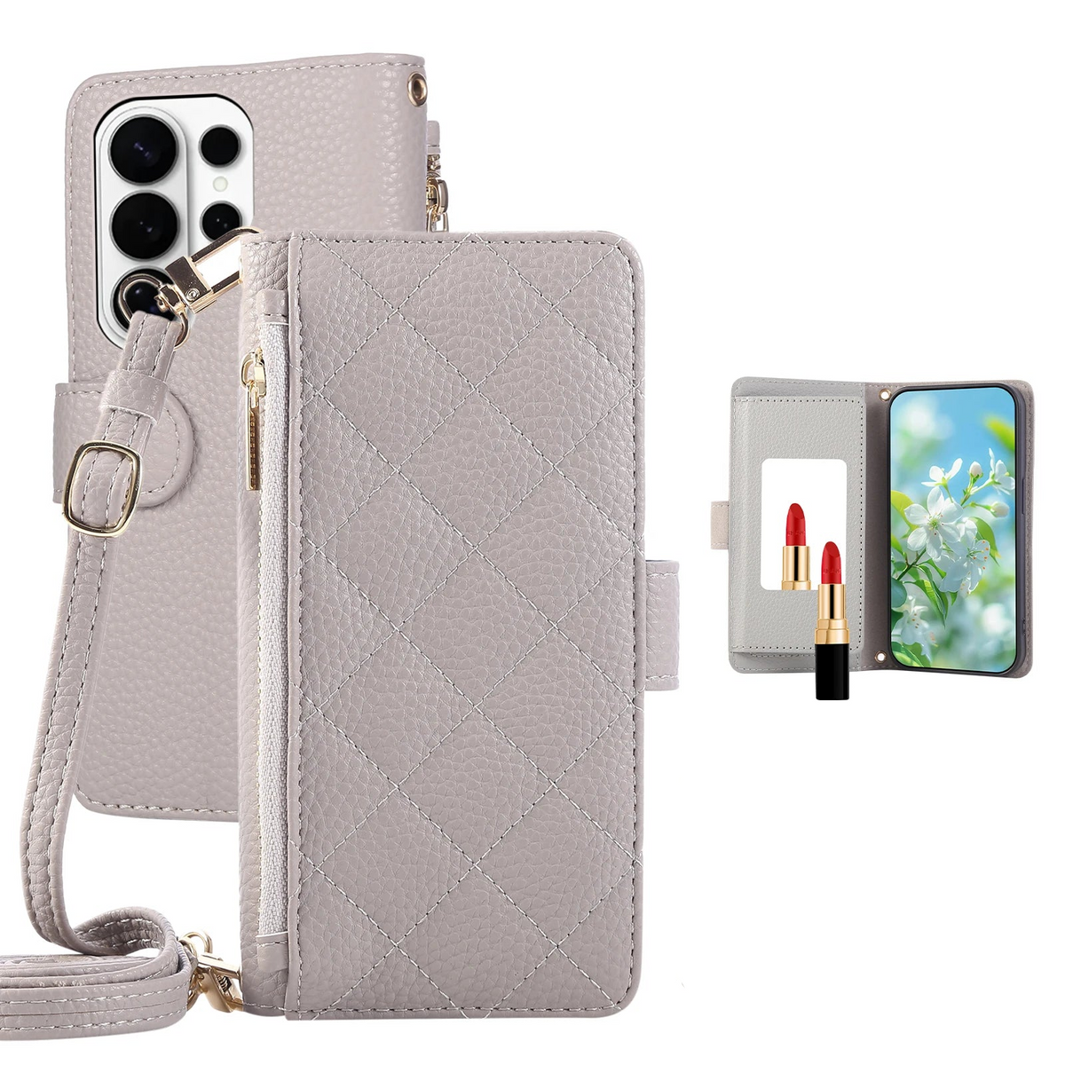 Quilted Leather Crossbody Wallet Case with Detachable Adjustable Strap for Samsung Galaxy S23 Series