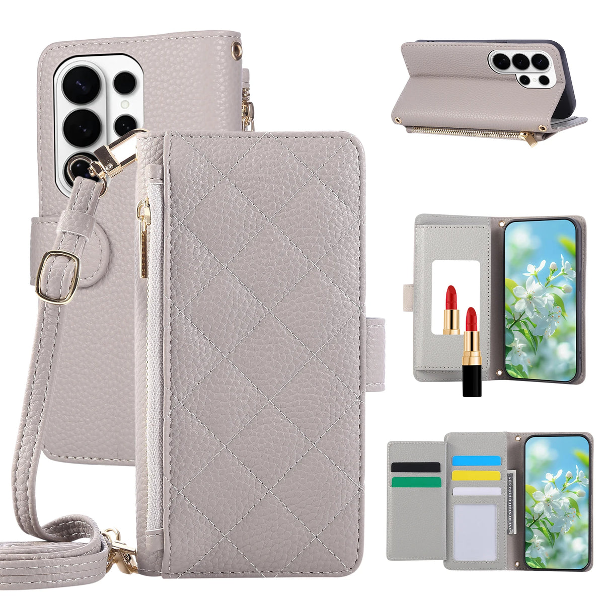 Quilted Faux Leather Crossbody Wallet Case with Detachable Adjustable Strap for Samsung Galaxy S24 Series