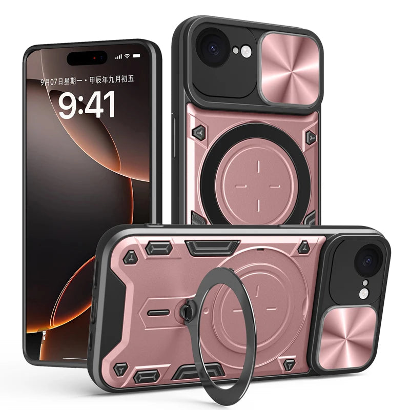 iPhone 16e Protective Magnetic Case with 360° Rotating Ring Stand