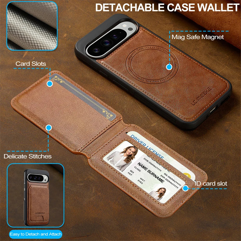 Leather 3-Card Magnetic Wallet Case with Fold-Out Stand for Google Pixel 11 Series