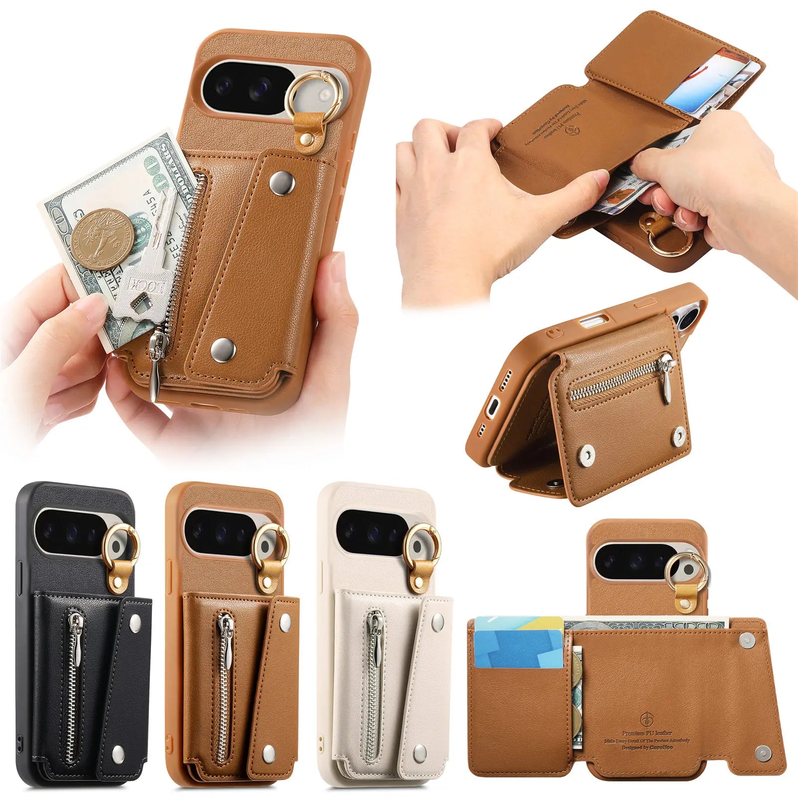 Zipper Wallet Leather Flip Case with Ring Holder for Google Pixel 9 Series