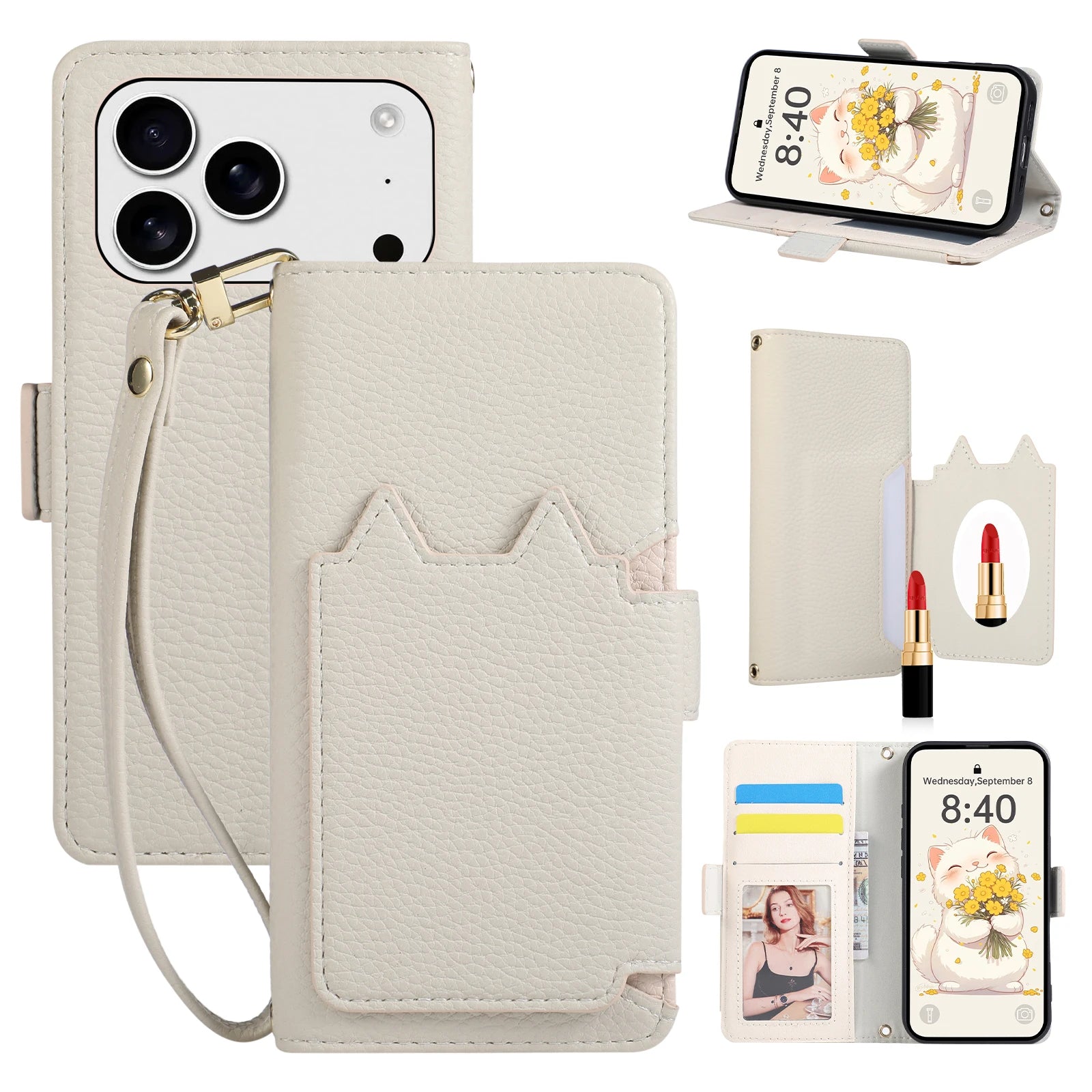 Leather Folio Wallet Case with Strap and Mirror for iPhone 17 Series