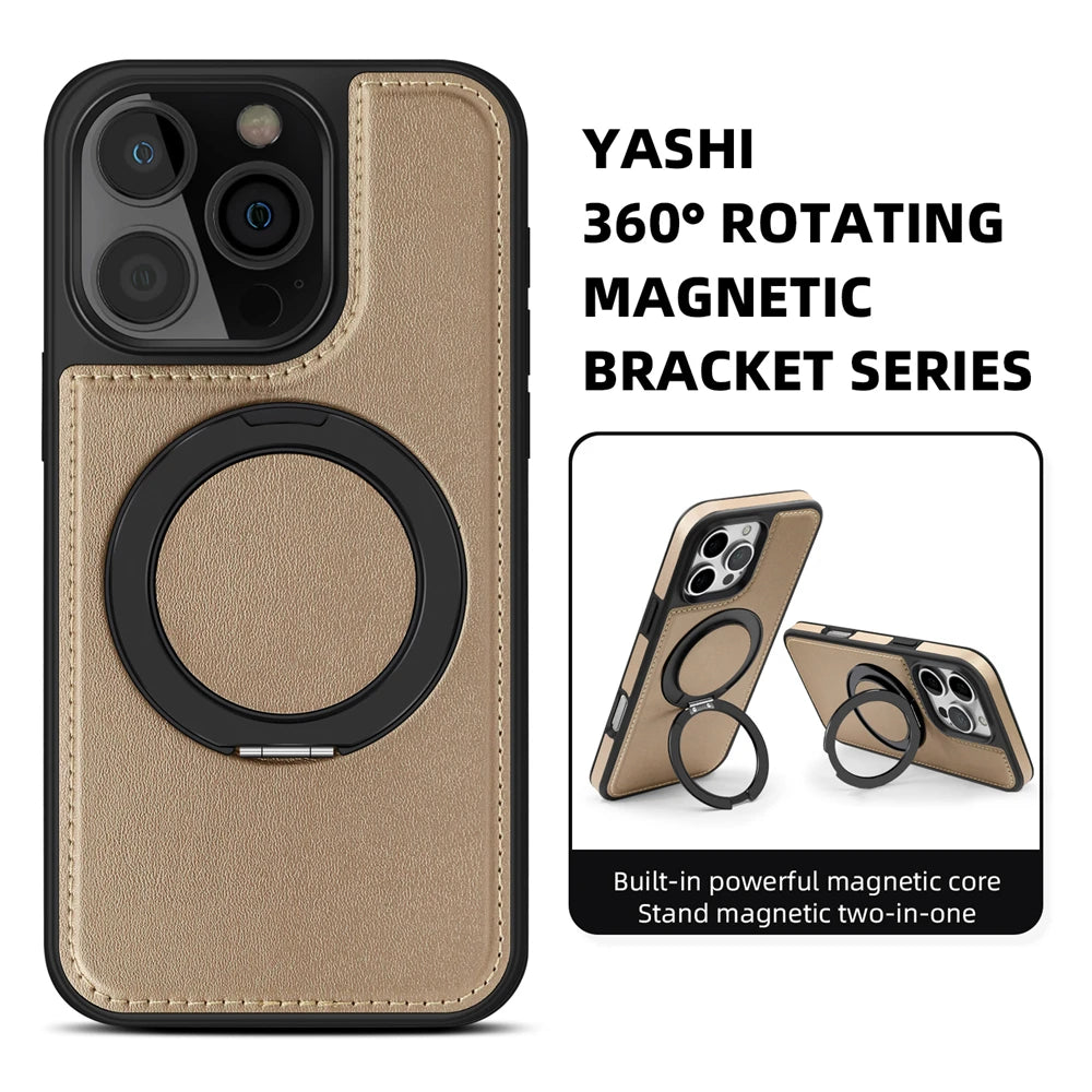 iPhone 16 Series PU Leather MagSafe Case with 360° Rotating Ring Holder