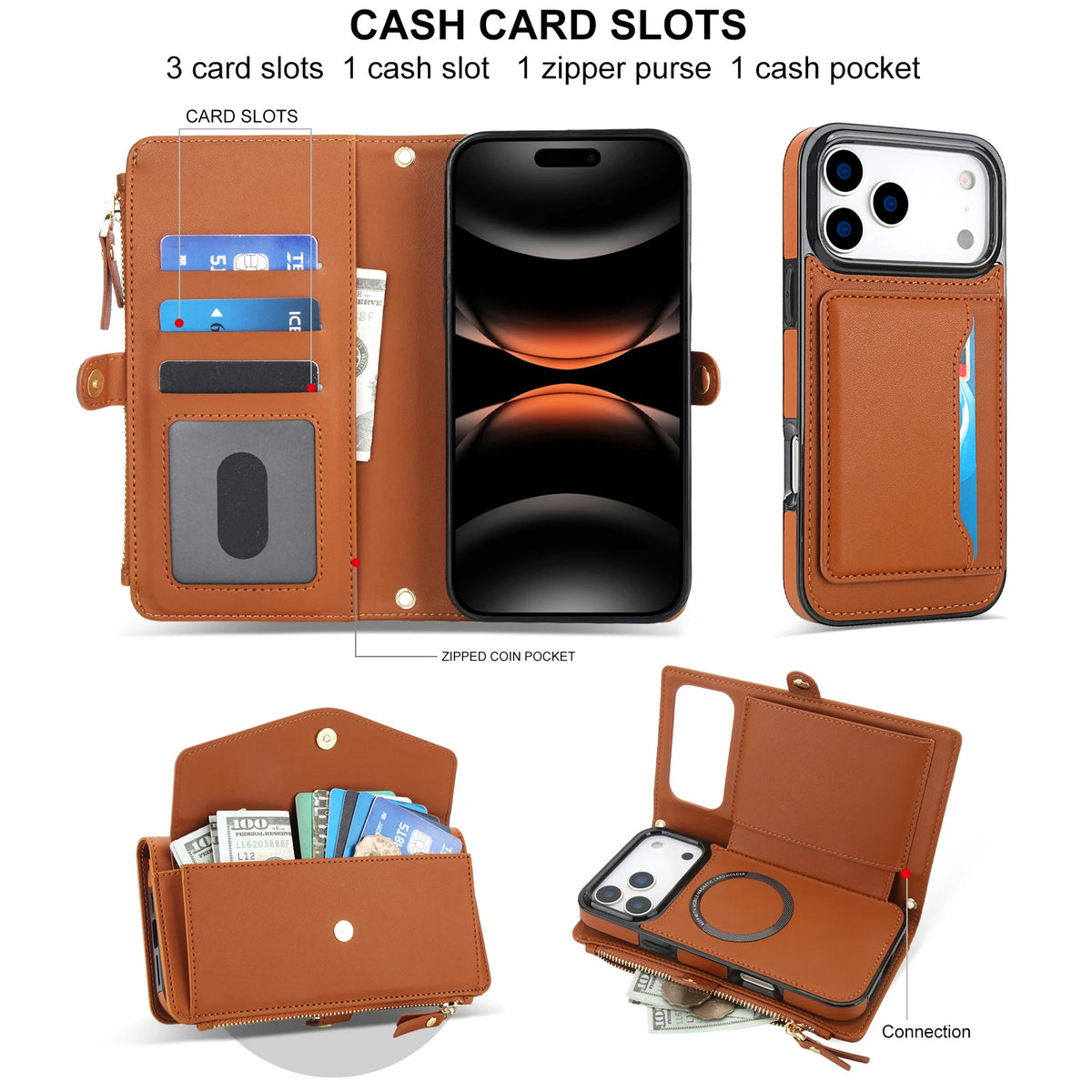 Detachable MagSafe Leather Crossbody Case with Zippered Flip Wallet & Card Slot for iPhone 17 Series