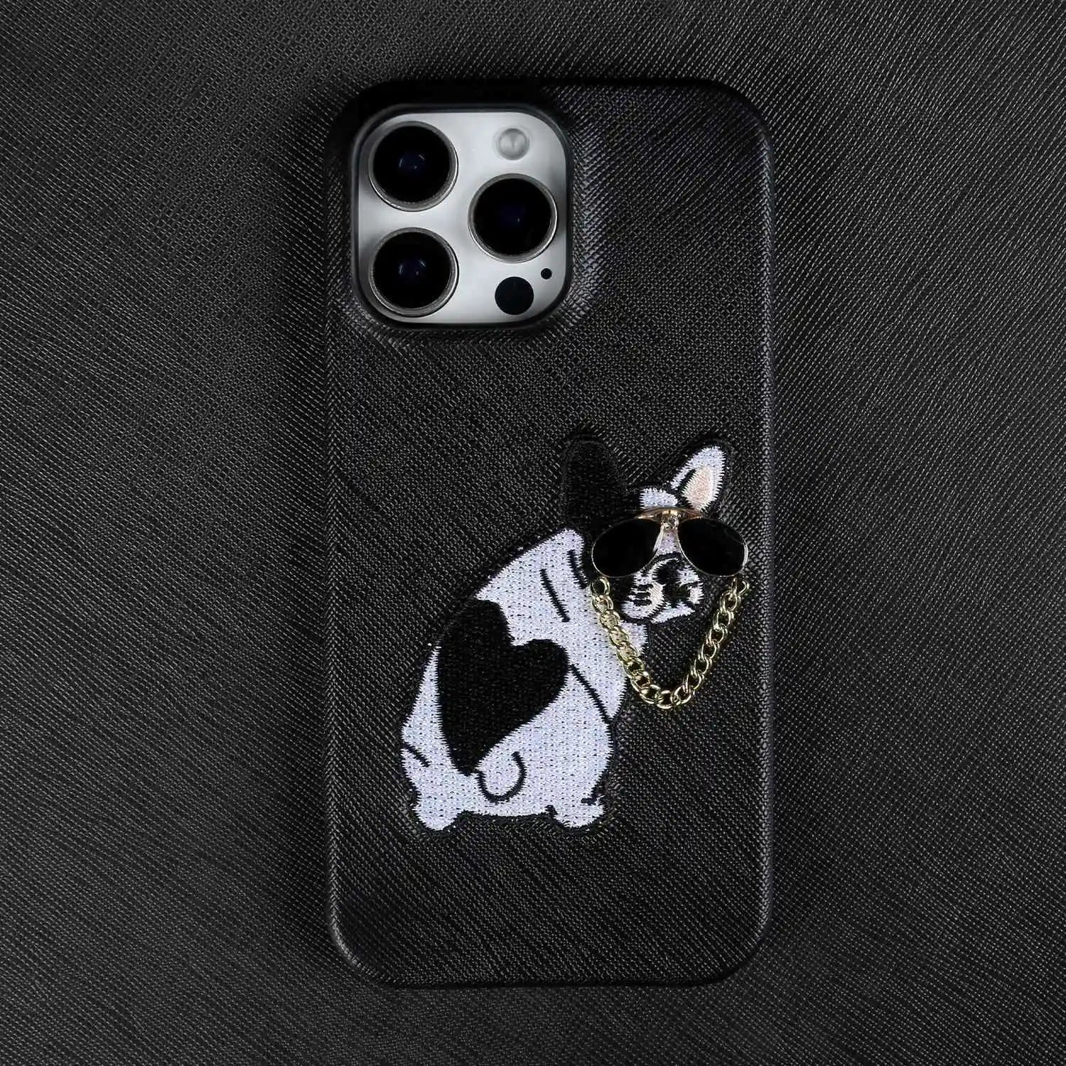 iPhone 15 Series Real Cowhide Leather Case with Embroidered Dog Design
