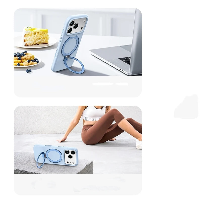 Matte Liquid Silicone Magnetic Case with Rotating Ring Holder for iPhone 17 Series