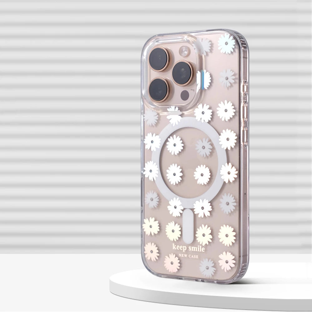 Transparent Floral MagSafe Case with Integrated Wireless Charging Ring for iPhone 15 Series