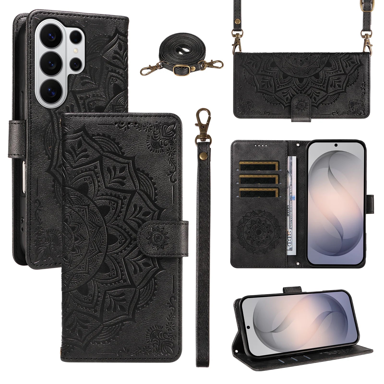 Embossed Mandala Crossbody Leather Wallet Case for Samsung S26 Series