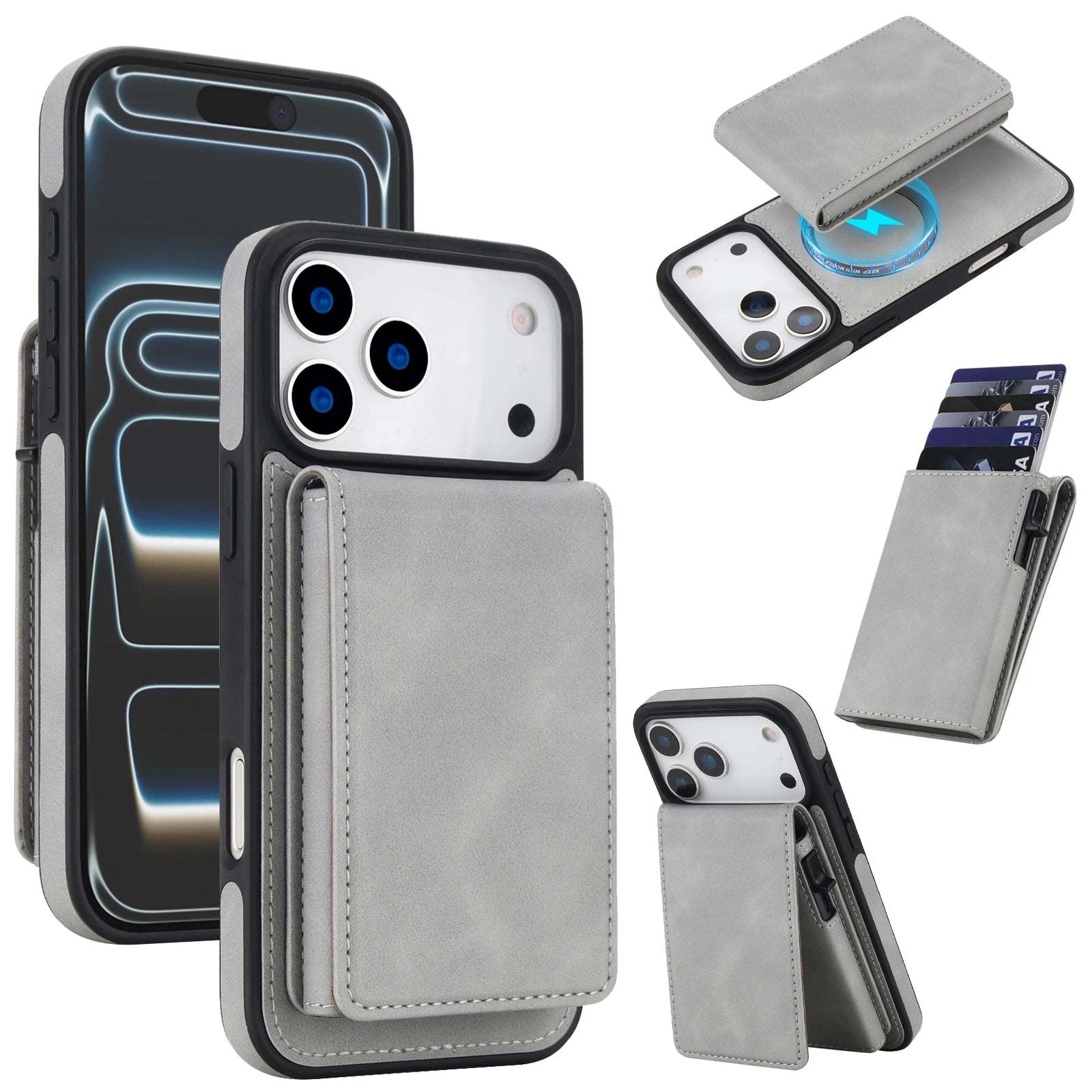 iPhone 17 Series Detachable Leather Wallet Case with Kickstand and RFID Protection
