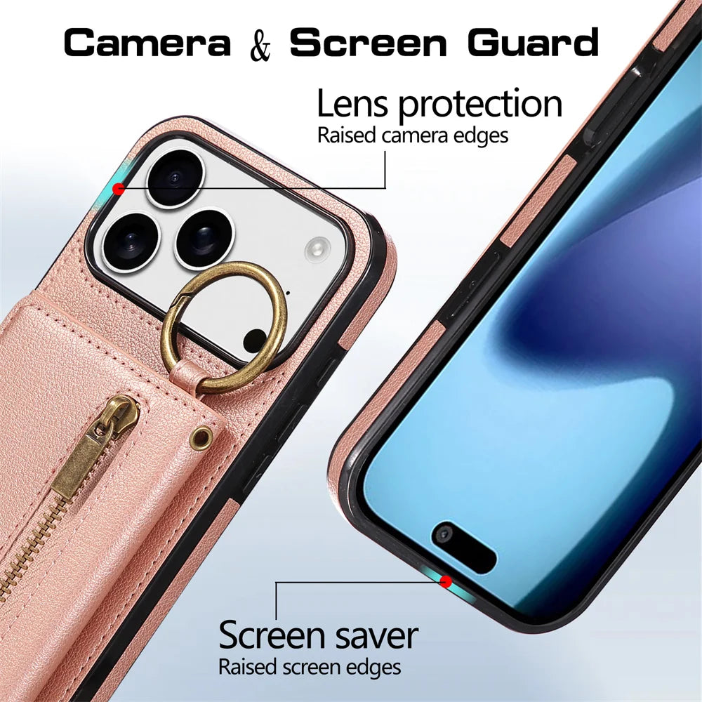 Multi-Functional Crossbody Leather Wallet Case with Ring Holder & Zipper for iPhone 17 Series