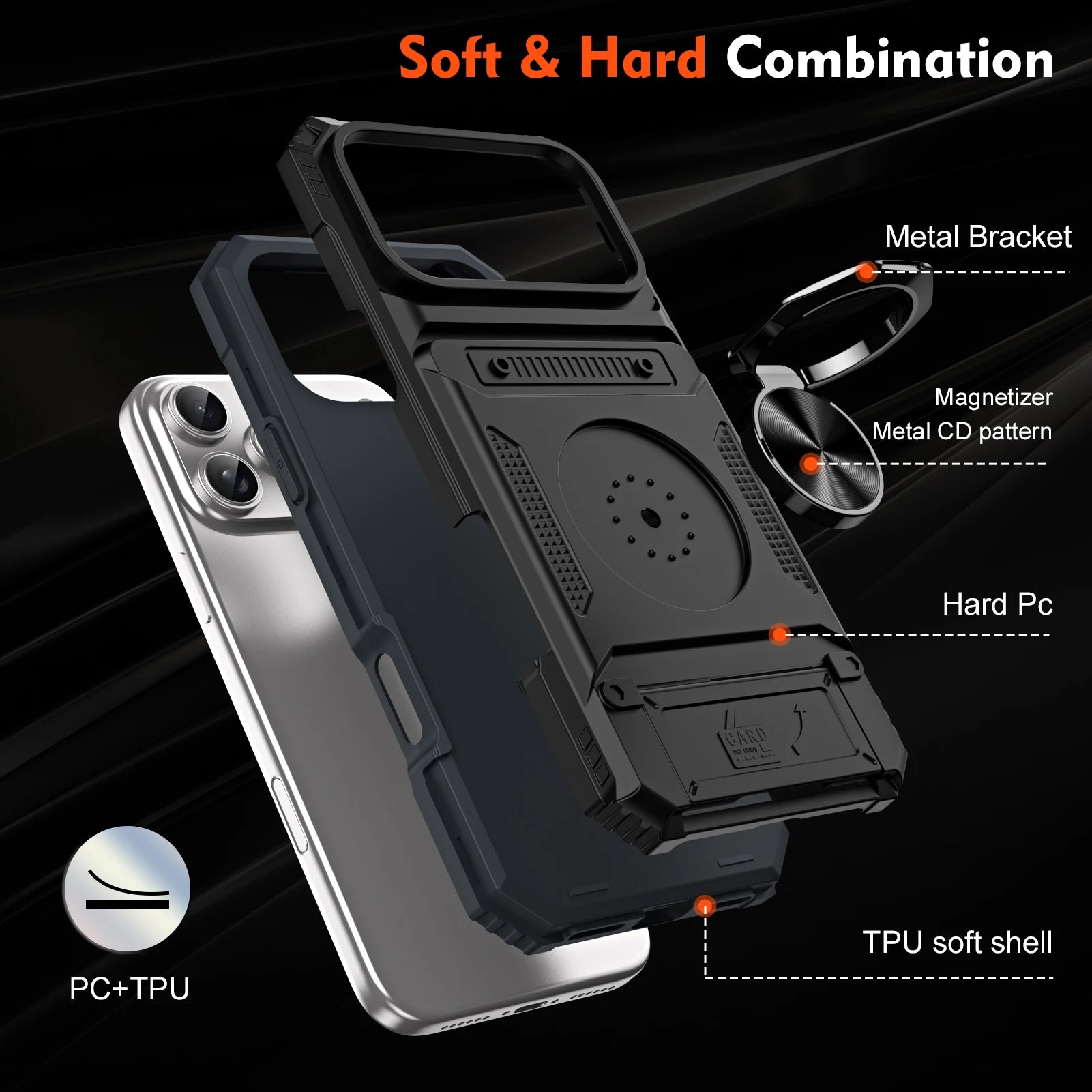 iPhone 17 Series Armor Protective Magnetic Case with Metal Ring Stand & Card Holder Back