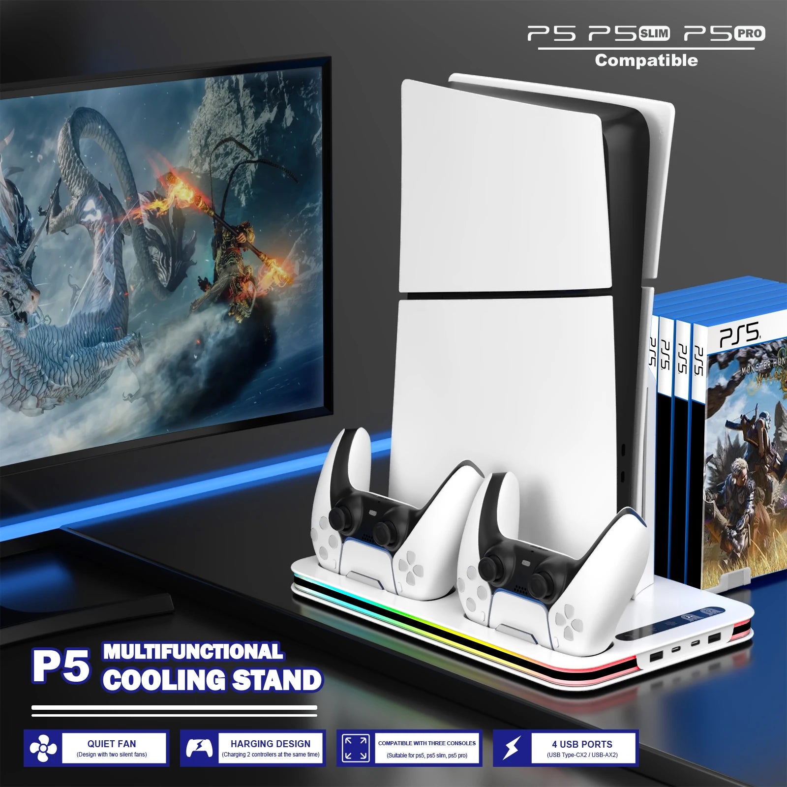 PlayStation 5 Cooling Stand with Dual Controller Charging and RGB Lights