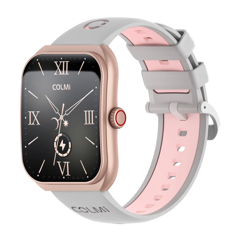 Smartwatch with a pink and gray strap on a white background