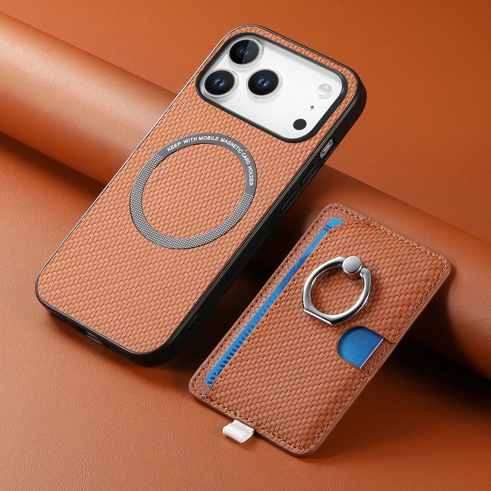 Premium 2-in-1 Carbon Fiber Pattern MagSafe Case with Built-In Card Slot & Ring Holder for iPhone 17 Series