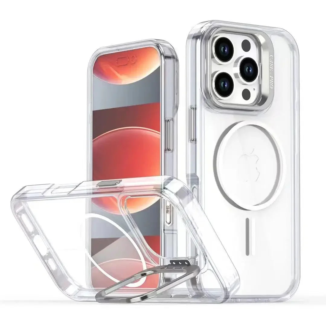 Luxury Transparent MagSafe Case with Camera Guard & Stand for iPhone 16 Series