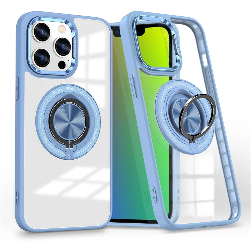 Crystal Clear Magnetic Case with Ring Stand for iPhone 15 Series