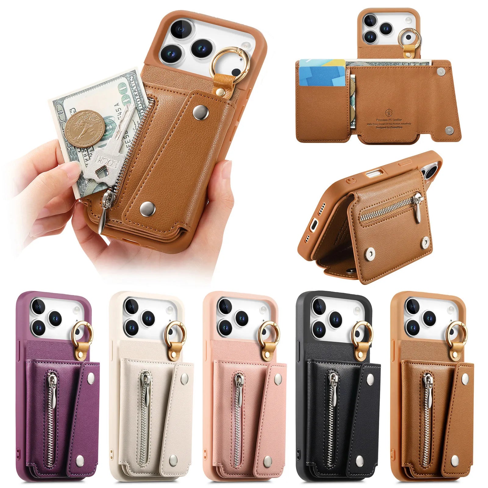 Zipper Wallet Leather Flip Case with Ring Holder for iPhone 17 Series
