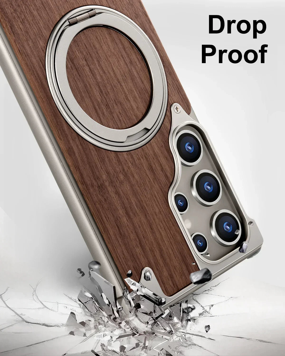 Solid Wood Bumper Case with 360° Rotating Ring Stand for Samsung Galaxy S25 Ultra