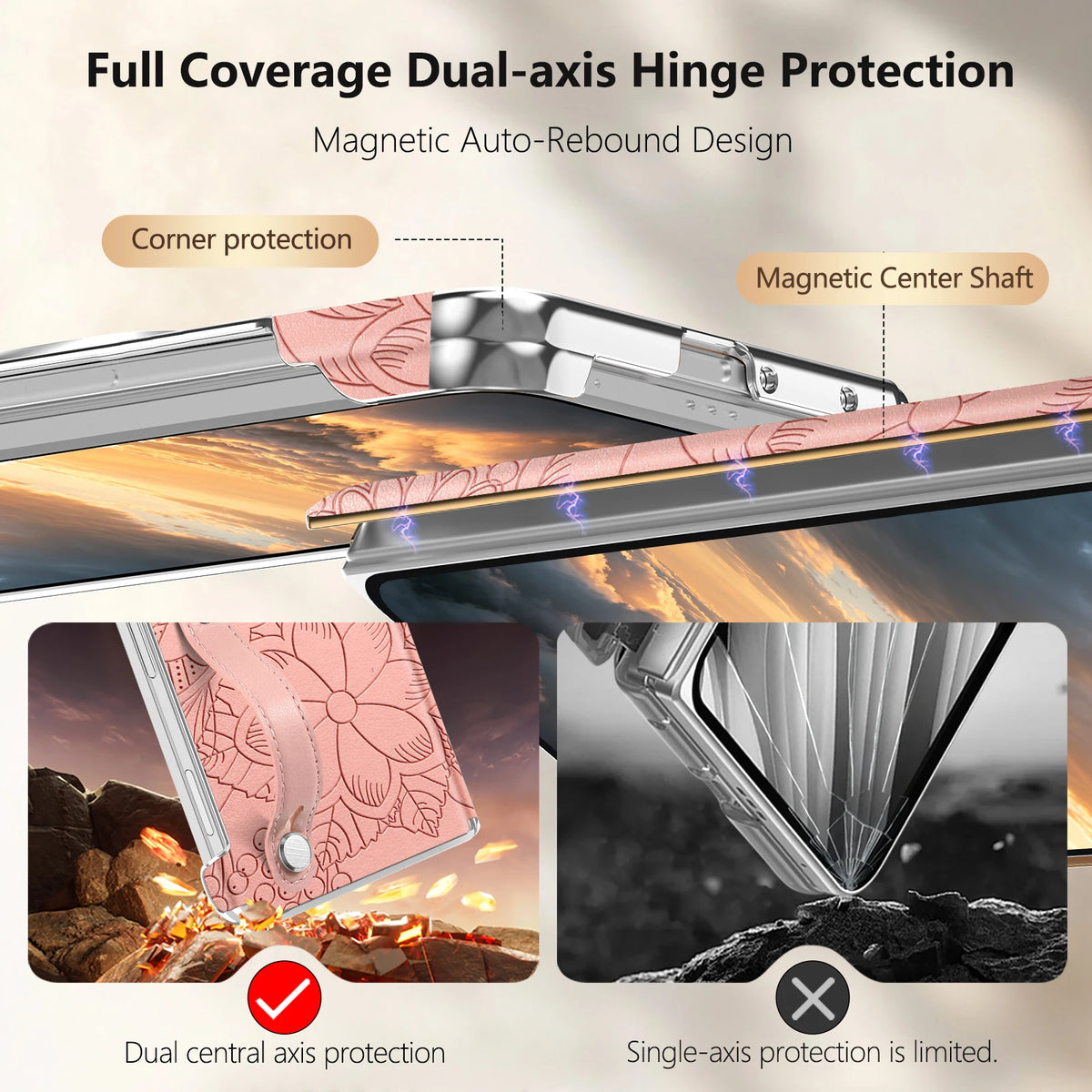 Embossed Floral Leather Case with Wrist Strap and Hinge Protection for iPhone Duo