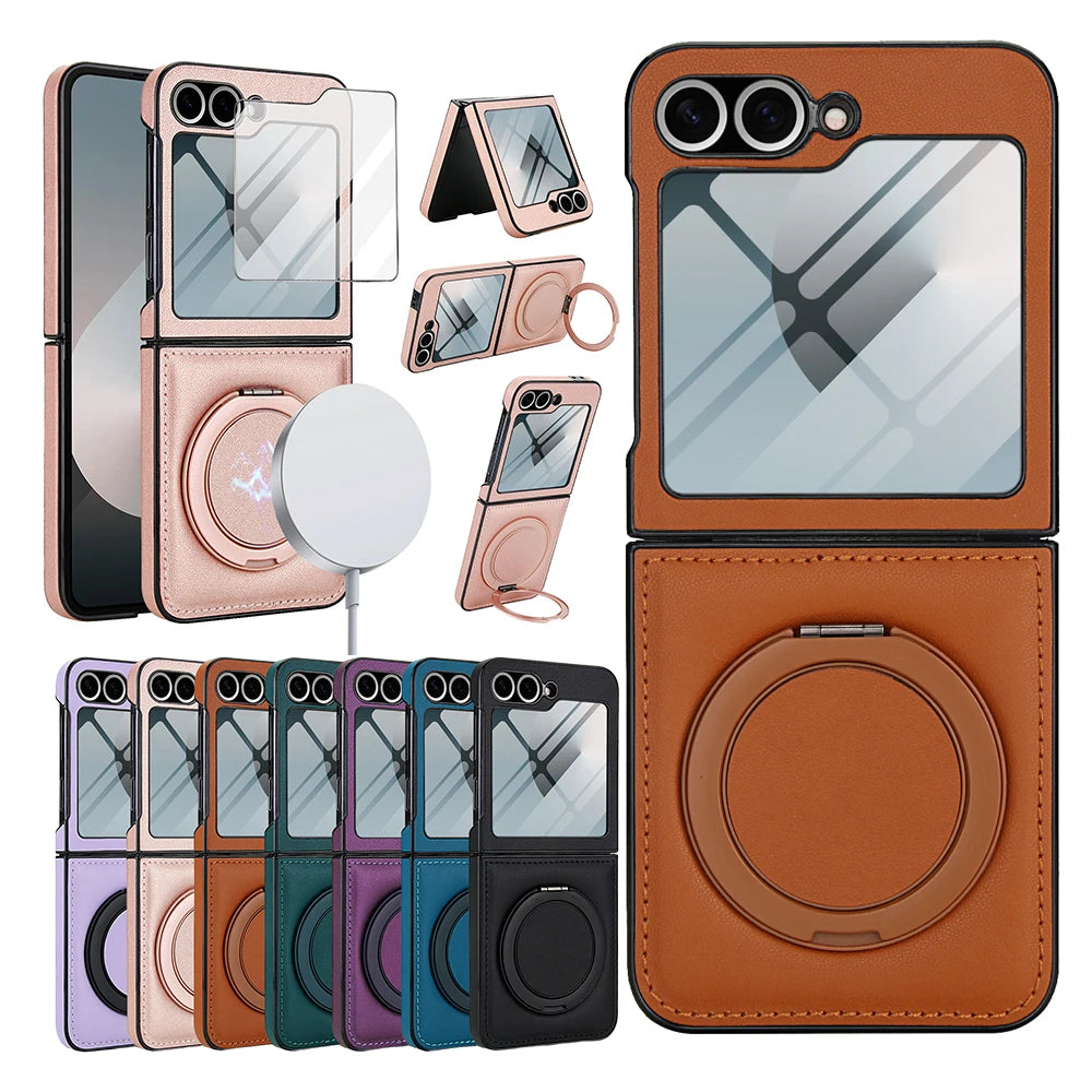 Protective Leather Magnetic Case with Ring Bracket & Glass Film for Samsung Galaxy Z Flip 6