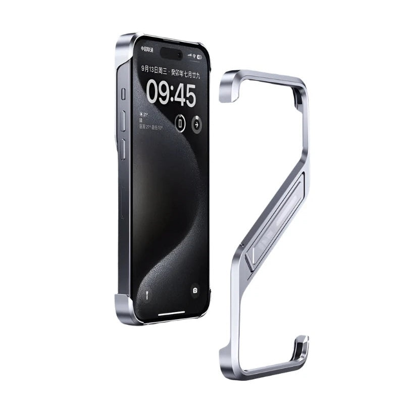 Sleek Aluminum Rimless iPhone 14 Case with Discreet Metal Stand