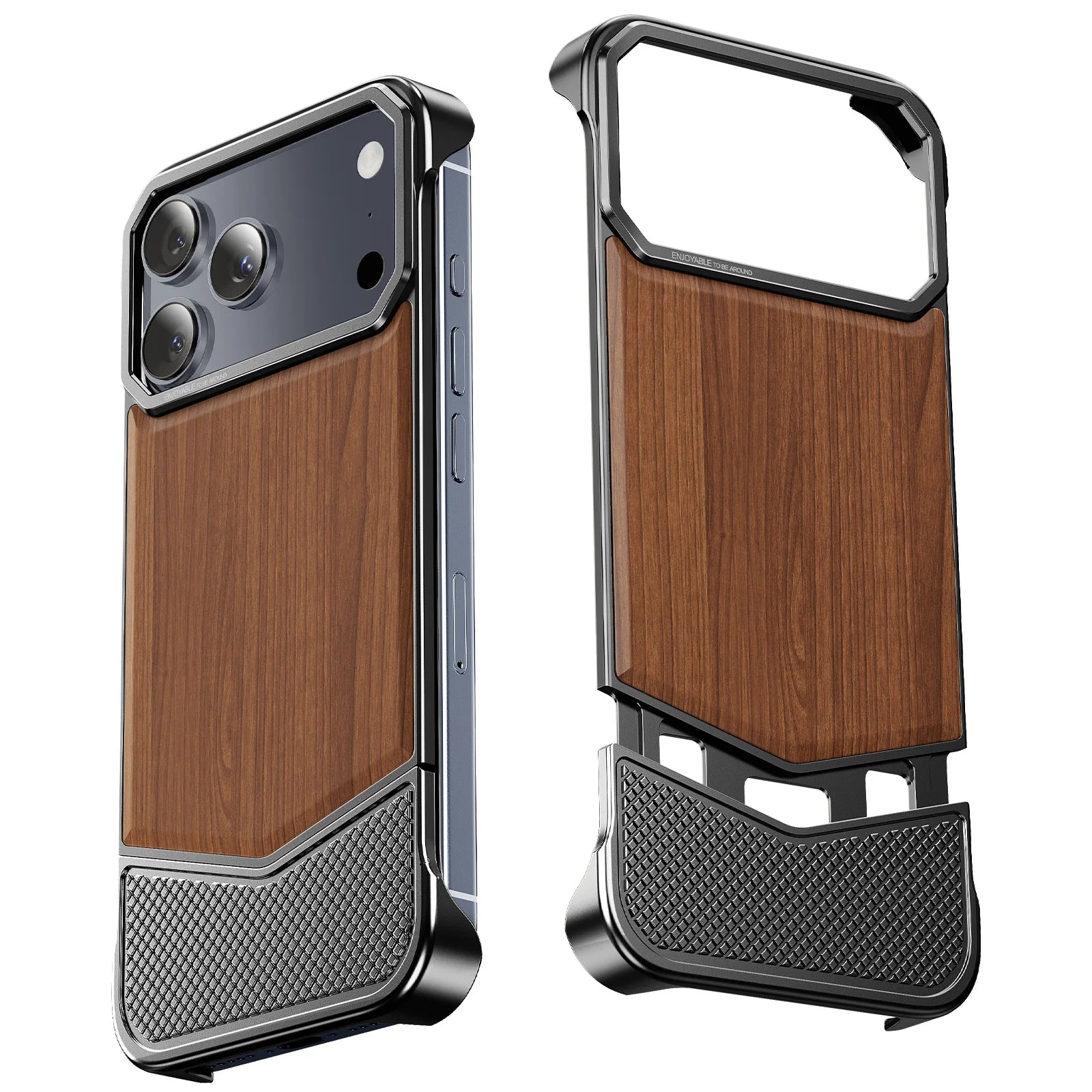 Wood Texture Phone Case with Metal Frame for iPhone 17 Pro & Pro Max
