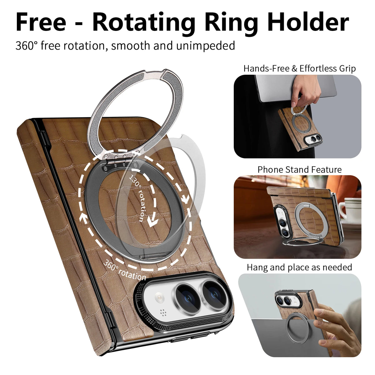Crocodile-Pattern Leather MagSafe Case with 360° Rotating Ring Stand for iPhone Duo