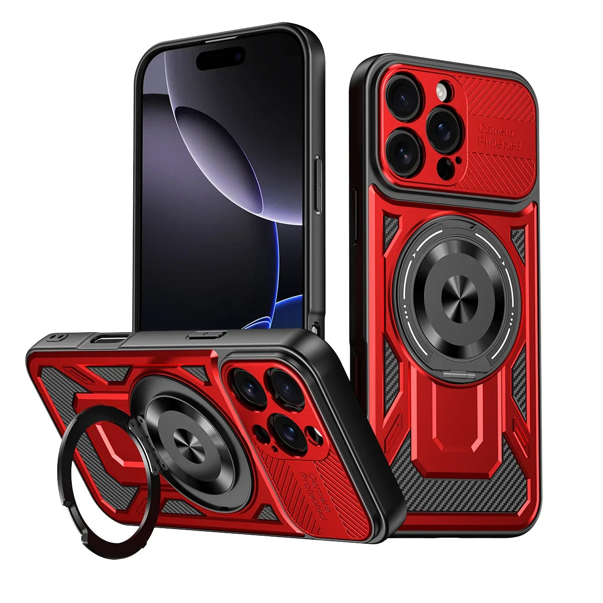 Heavy-Duty MagSafe Case with 360° Metal Ring Stand for iPhone 16 Series