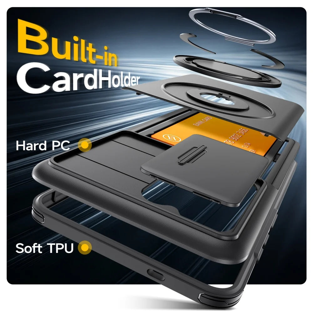 Shockproof Case with Sliding Camera Cover and Folding Ring for Samsung Galaxy S25 Series