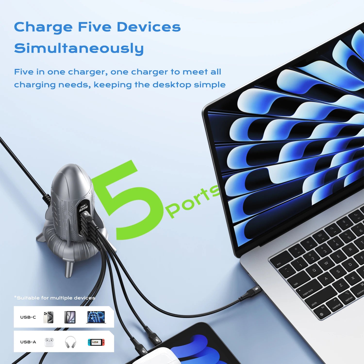 ASOMETECH Rocket Design 320W GaN USB-C Desktop Charger