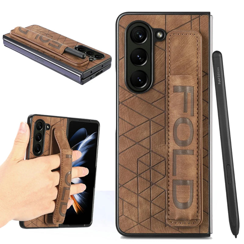 Elegant Leather Case for Samsung Galaxy Z Fold 6 with Wrist Strap & Pen Slot