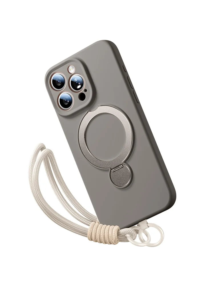 iPhone 16 Series Silicone MagSafe Case with Rotating Ring Holder Stand