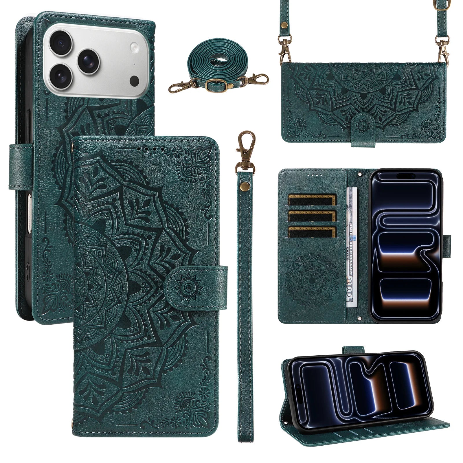 Embossed Datura Leather Wallet Case for iPhone 17 Series