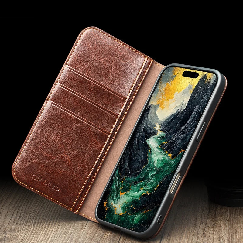 Premium Genuine Leather Flip Case with Kickstand for iPhone 17 Series
