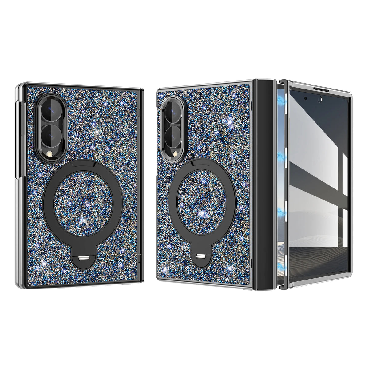Glitter Case with Hinge Guard and Rotating Magnetic Ring Stand for Samsung Galaxy Z Fold 8