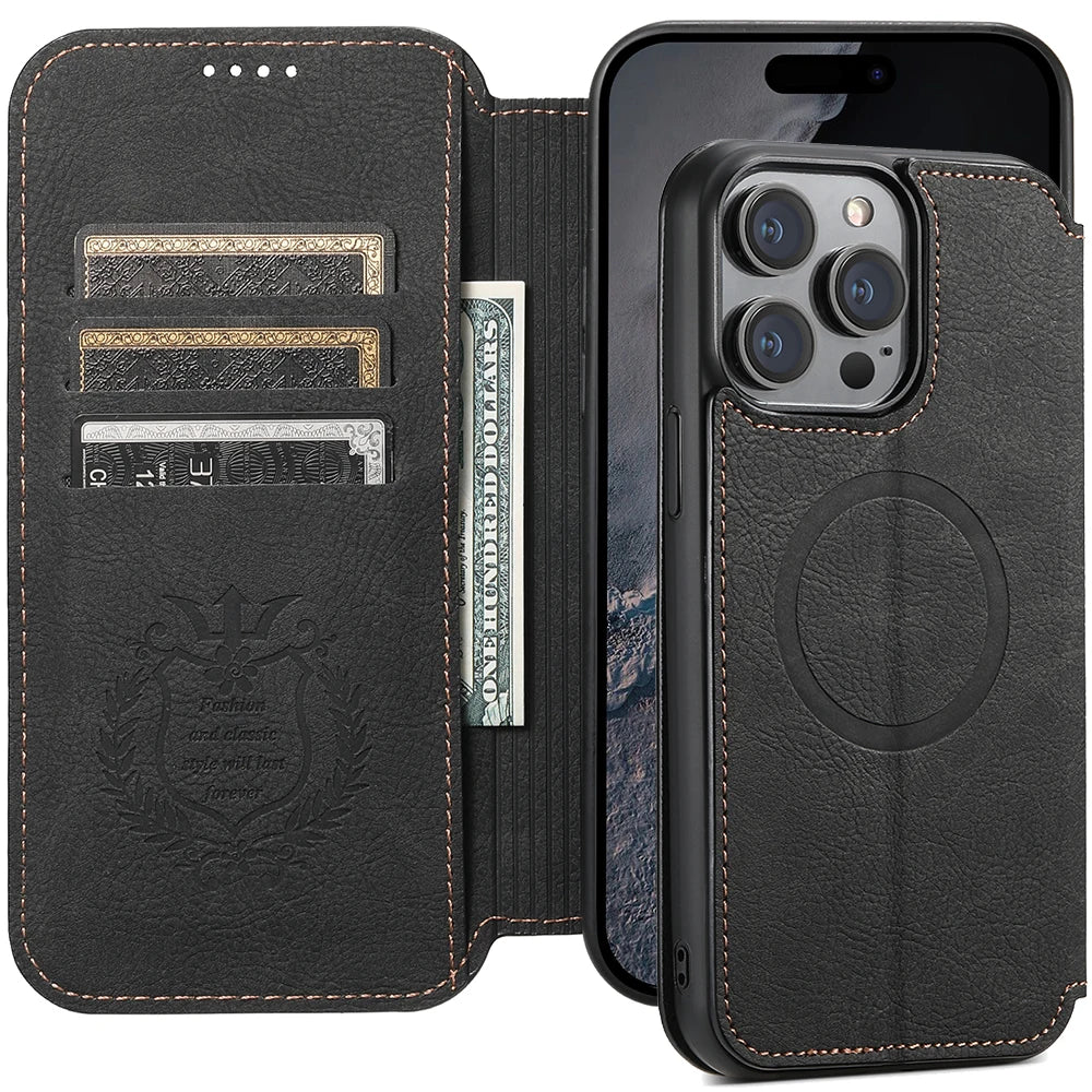 Flip Leather Wallet Case with MagSafe & Card Holder for iPhone 16 Series