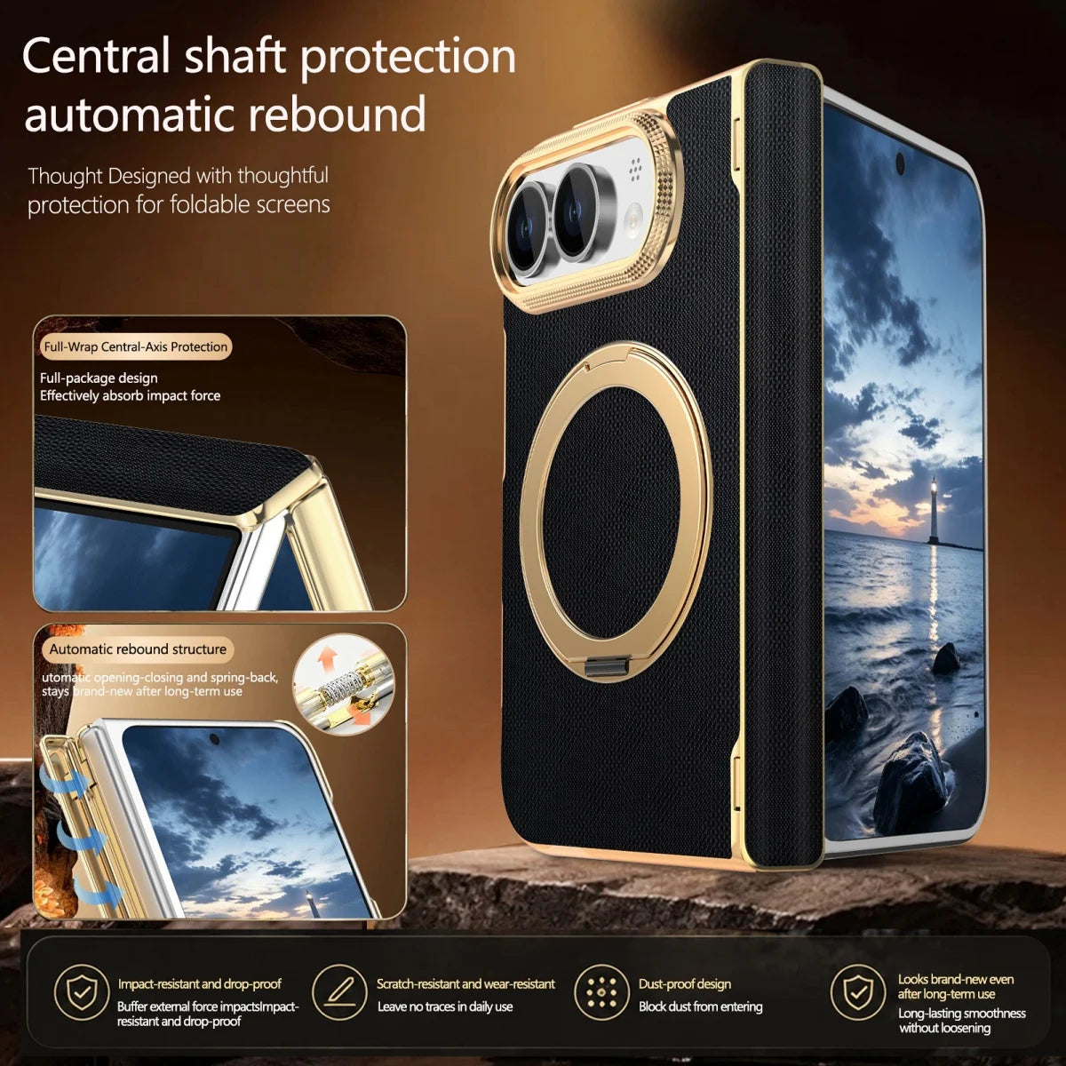 Fabric Leather Rotating Ring Holder Case with Electroplated Accents for iPhone Duo