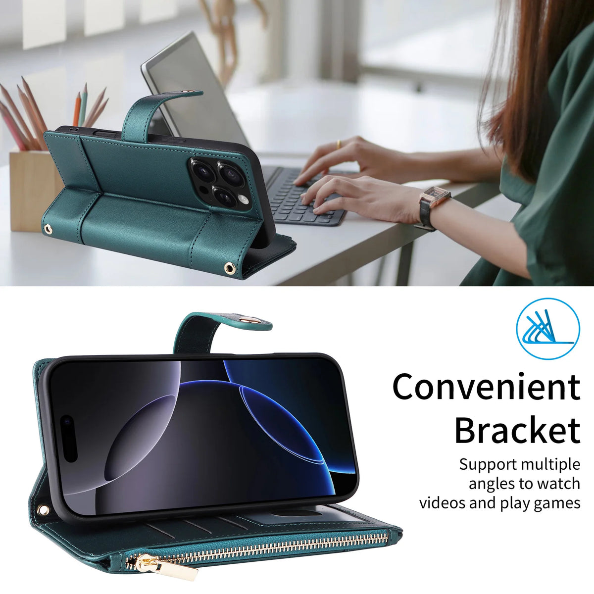 Crossbody Lanyard Wallet Case with Zipper & Card Holder for iPhone 16 Series