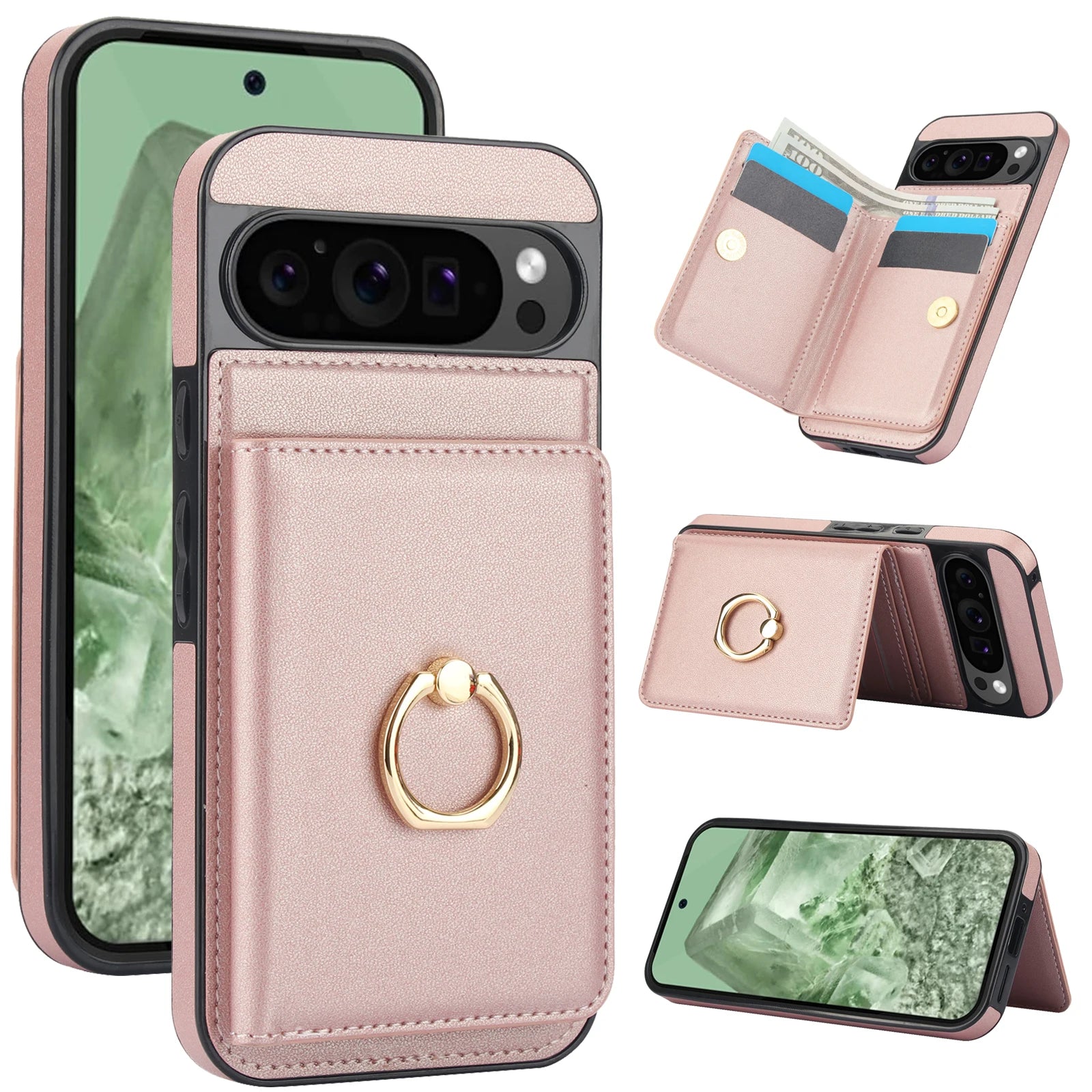 Google Pixel 10 Series Leather Case with Card Holder and Kickstand