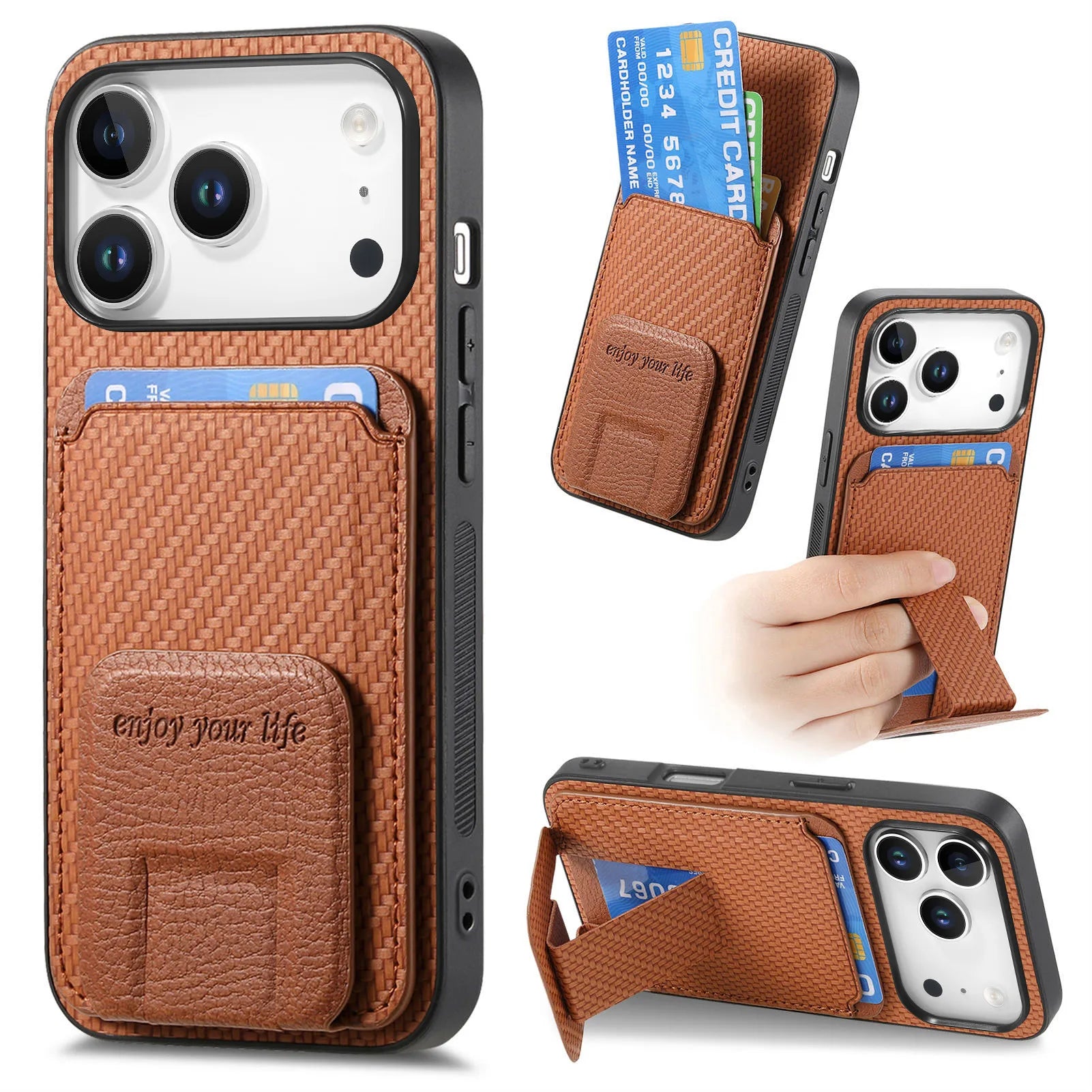 Carbon Fiber Pattern Magnetic Leather Wallet Case with Invisible Kickstand for iPhone 17 Series
