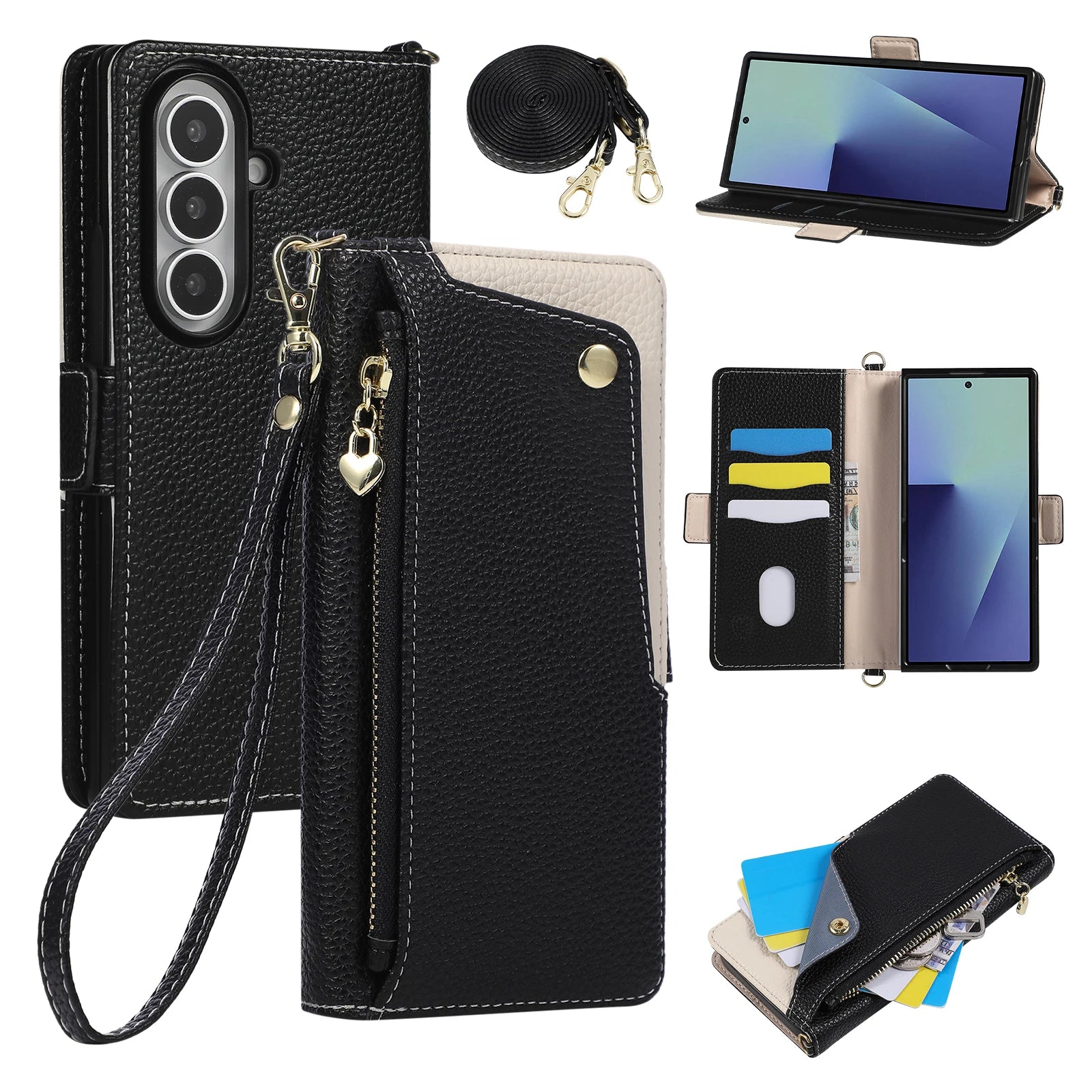 Crossbody Leather Wallet Case with Zipper Card Holder for Samsung Galaxy Z Fold 8 Ultra