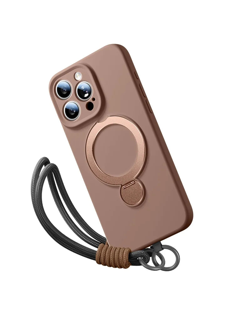 iPhone 16 Series Silicone MagSafe Case with Rotating Ring Holder Stand