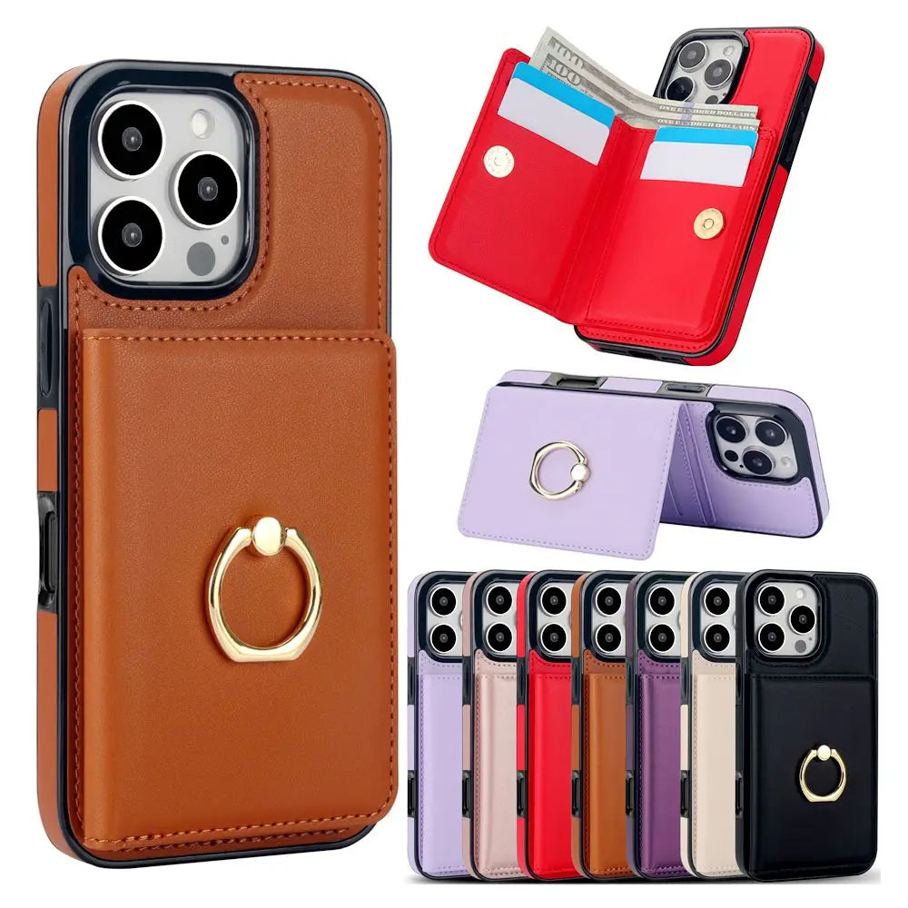 Premium Leather Wallet Case with 360° Ring for iPhone 16 Series