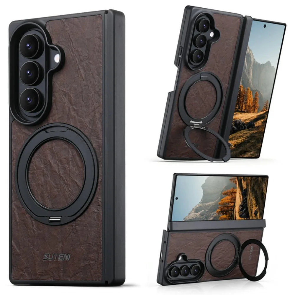 Textured Leather Magnetic Case with 360° Rotating Ring Stand for Samsung Galaxy Z Fold 7